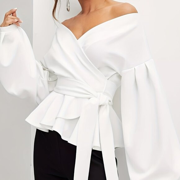 Elegant Off-Shoulder Blouse with Lantern Sleeves and Ruffle Hem - Picture 1 of 5